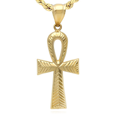 #ad 10K Yellow Gold Diamond Cut Ankh Cross Pendant 1.5quot; 1.8quot;