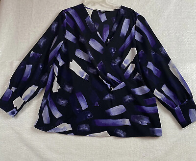 #ad ALFANI Womens Black Purple Printed Long Sleeve V Neck Wrap Blouse Top Size XL