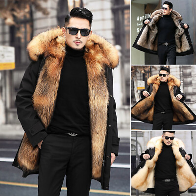 #ad Winter Men Faux Fur Outwear Overcoat Jacket Coat Parka Tops Hooded Warm Outfit 、