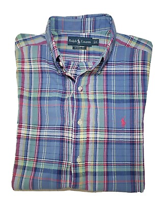 #ad Ralph Lauren Shirt Large Mens Short Sleeve Plaid Blue Botton Up Classic Fit