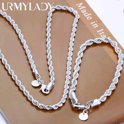 #ad URMYLADY 925 sterling silver 4mm chain twist rope necklace bracelet jewelry Set
