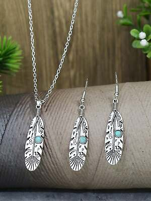 #ad 3pcs set Boho Turquoise Decor Feather Pendant Necklace amp; Drop Earrings For Women