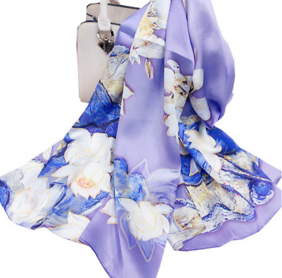 #ad 100% Satin Silk Scarf Women neckerchief Shawl Wrap floral blue purple HD67 7