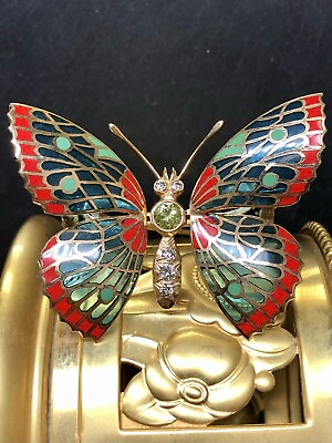 #ad Vintage 18K Diamond En Tremblant Plique A Jour Enamel Butterfly Brooch Pin