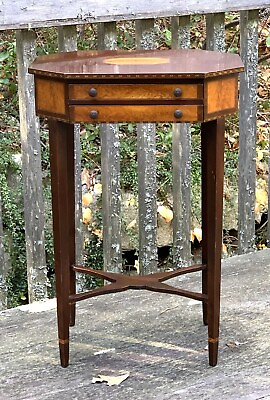 #ad ANTIQUE MAHOGANY TABLE OCTAGONAL INLAY AND DECORATIVE BORDERS DRAWERS EX COND