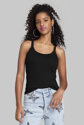 #ad NEW Women#x27;s Slim Fit Cami Tank Top Ribbed Wild Fable Size M Black