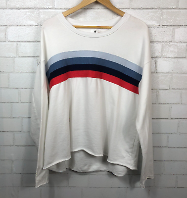 #ad SUNDRY Women#x27;s Cotton White Multi Striped Crewneck Pullover Sweatshirt sz 4 NWT