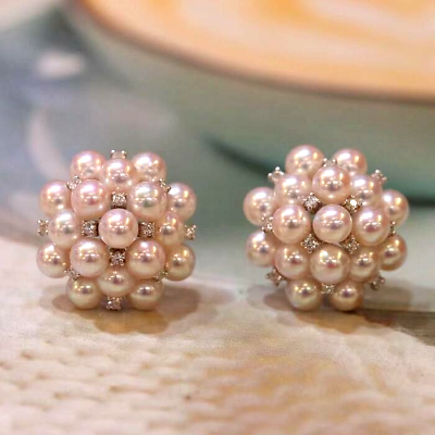 #ad Sweety Natural Diamond Akoya Pearl Bridal Lady Gift Earrings Stud 14K White Gold