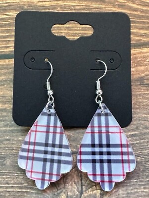 #ad Hypoallergenic Dangle Drop Earrings Holiday Tan Black Red Plaid Charms RTS