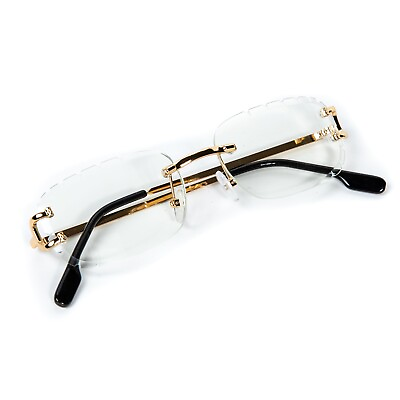 #ad Men#x27;s Diamond Cut Gold Frame Clear Lens Rectangular Luxury Hip Hop Glasses