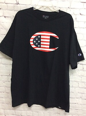#ad Champion Logo Mens Black American Flag Activewear Short Sleeve T Tee Shirt 2XL
