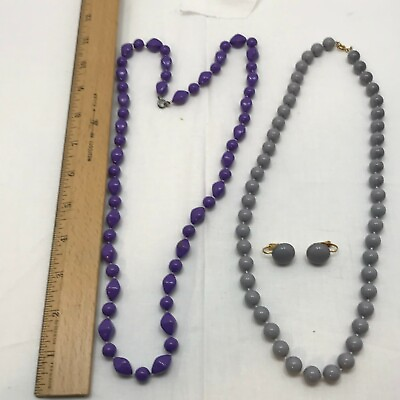 #ad 2 Necklace Lot Grey Beads with Earrings and Purple Beads Evening Wear
