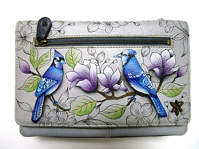 #ad ANUSCHKA NORTHERN JAYS HAND PAINTED LEATHER 3 IN 1 CROSSBODY WALLET NWT