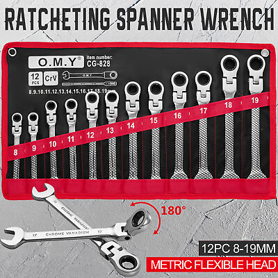 #ad 12Pc 8 19mm Metric Flexible Head Ratcheting Wrench Combination Spanner Tool Set