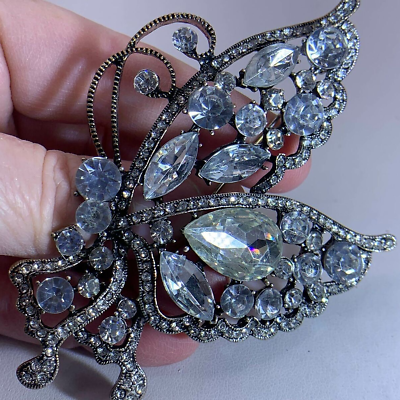 #ad Butterfly Chunky amp; Pave Rhinestone Huge Vintage Silver Pin Brooch V 2999