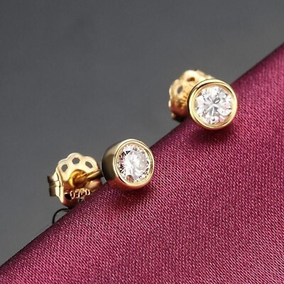 #ad 5mm Round Moissanite Womens Push Back Bezal Stud Earrings 14K Yellow Gold Plated $11.30