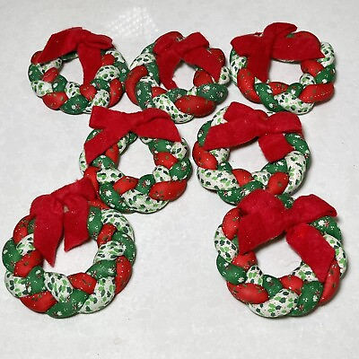 #ad Vintage Fabric Patchwork Quilted Christmas Ornaments Wreaths 4” Set Of 7