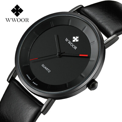 #ad WWOOR Luxury Leather Strap Ultra Thin Dress Wrist Watch Mens Analog Quartz Watch