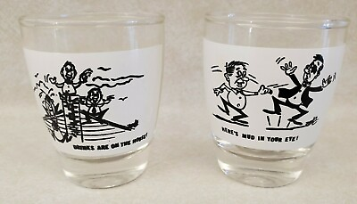 #ad Set of 2 Vintage Shot Glasses Funny Here#x27;s Mud in Your Eye Drinks on the House