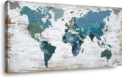#ad Teal Decor World Map Canvas Wall Art Pictures for Living Room Wall Decoration