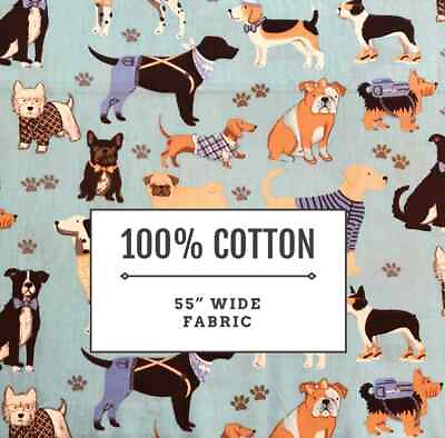 #ad 60” Width 100% Cotton Blue Dog Fabric 1 Yard Piece Quilting