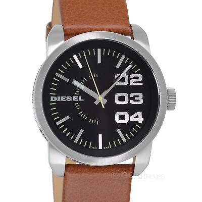 #ad DIESEL Double Down Mens Casual Watch Black Silver Dial Brown Leather Band