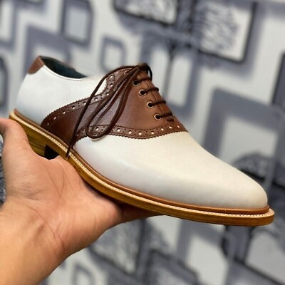 #ad Handmade Two Tone Brown amp; White Leather Oxford Brogue Dress Lace Up Men#x27;s Shoes