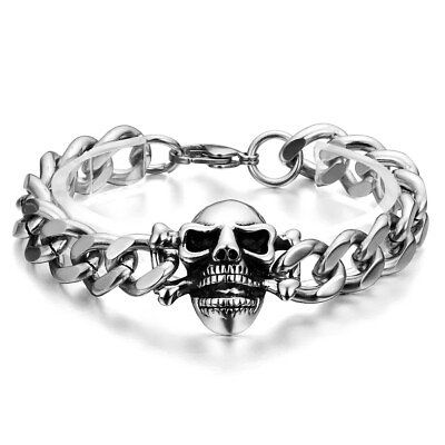 #ad Mens Silver Black Stainless Steel Gothic Vintage Skull Bracelet Cuban Curb Chain