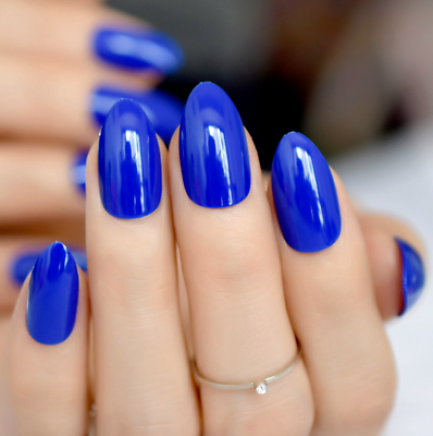 #ad STILETTO *ROYAL BLUE* Full Cover Blue Almond 24 Nails Tips Press On Glue Set