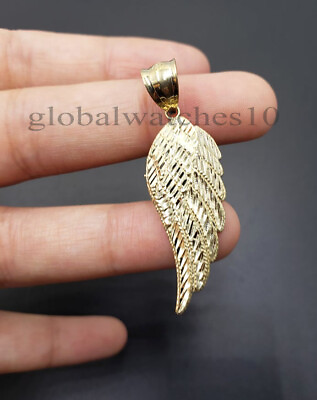 #ad 10k Yellow Gold Angel Wing Pendant Charm 10k Rope palm Byzantine chain Set