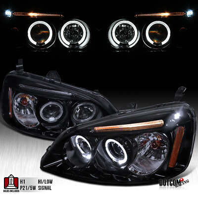 #ad Fit 2001 2003 Honda Civic Black Smoke LED Halo Projector Headlights LeftRight