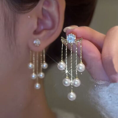 #ad 925 Silver Plated Pearl Ear Drop Women Stud Earrings Jewelry Simulated