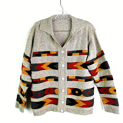 #ad Vintage Wool Cardigan Sweater Geometric Print Gray Gold Red Black Button Front