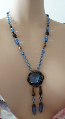 #ad ANTIQUE CZECH CRYSTAL BLUE BEADED NECKLACE WITH SCREW ON EARRINGS SIGNED