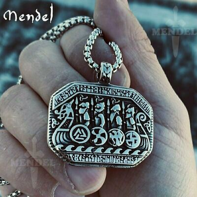 #ad MENDEL Mens Stainless Steel Norse Viking Boat Rune Pirate Pendant Necklace Men