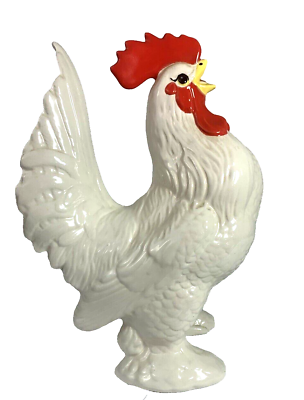 #ad Vintage Chicken Rooster Ceramic Figurine 9 1 2quot; Medium White