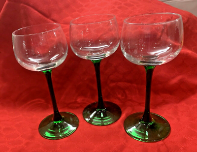 #ad Emerald Green Stem Luminarc Vintage Wine Glasses 6.5quot; Tall France Set of 3