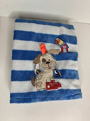 #ad Large Taggies Blanket Blue White Striped Infant Appliqued Dog Ribbon Loops 30x40