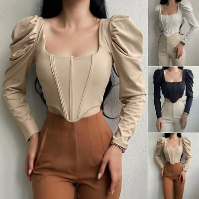 #ad Women Fishbone Corset Long Sleeve Pleated Wrap Bustier Blouses Square Collar Top