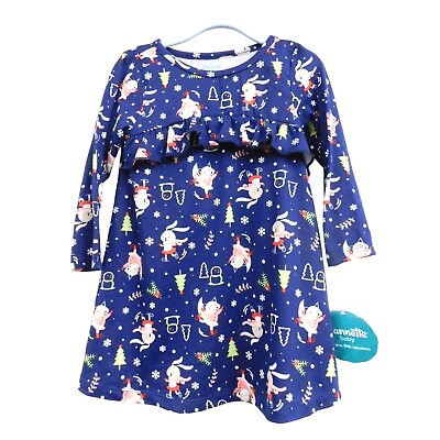 #ad NWT Nannette Baby Blue Holiday Print Dress Sz 24 mos Skating Bunny Print