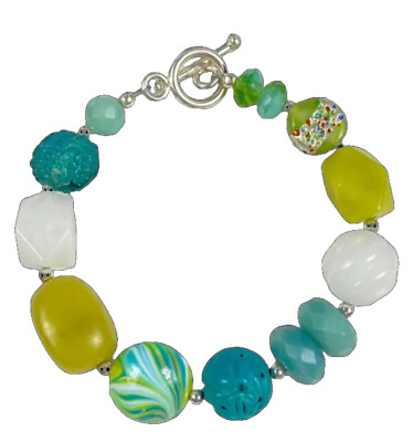 #ad Beaded Bracelet Glass Jade Quartz Artisan Size 6 3 4quot; Green Blue White Stock #1