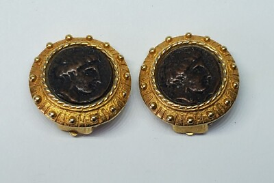 #ad Vintage Jaded Jewels NYC Gold Plated Copper Roman Style Coin Clip On Earrings
