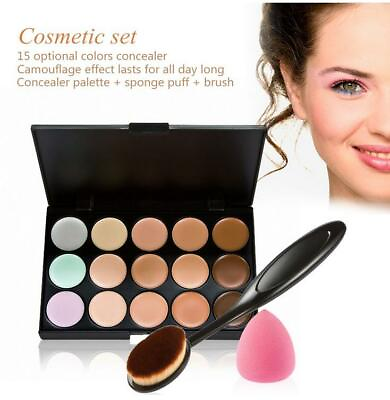 #ad 3 in 1 15 Color Contour Palette Cream w Sponge Puff Oval Makeup Brush Makeup Kit