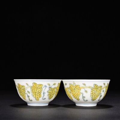 #ad 3.3quot; old antique ming dynasty chenghua mark porcelain a pair yellow grape cup