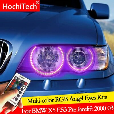 #ad For BMW X5 E53 Pre facelift 2000 03 DRL Angel Eyes LED RGB Multi color Headlight