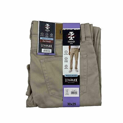 #ad Izod Mens Jeans Stretch 5 Pocket Regular Fit Flex Waistband Tan Beige 30x29