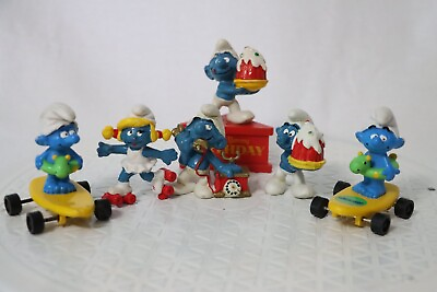 #ad Smurf Figurines Smurfette Roller Skate Vintage1980 lot of 6 Smurfs 80#x27;s TV