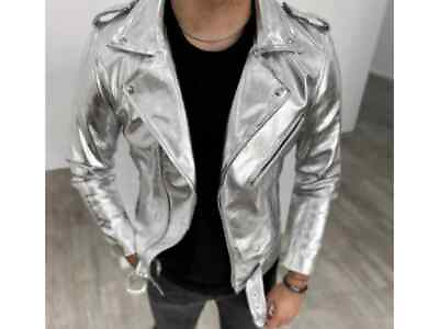 #ad Men#x27;s Real Leather Silver Metallic Belted Motor Biker Jacket Shiny Metallic Coat