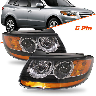 #ad For 2007 2012 Hyundai Santa Fe Halogen 6pin Headlights Black OEM Headlamps LR