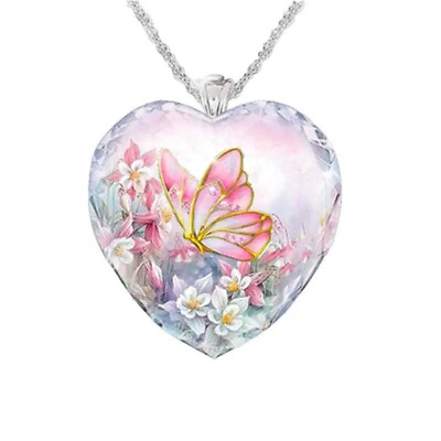 #ad Fashion Pink Butterfly Heart Shape Pendant Necklace Elegant Trendy Party Women